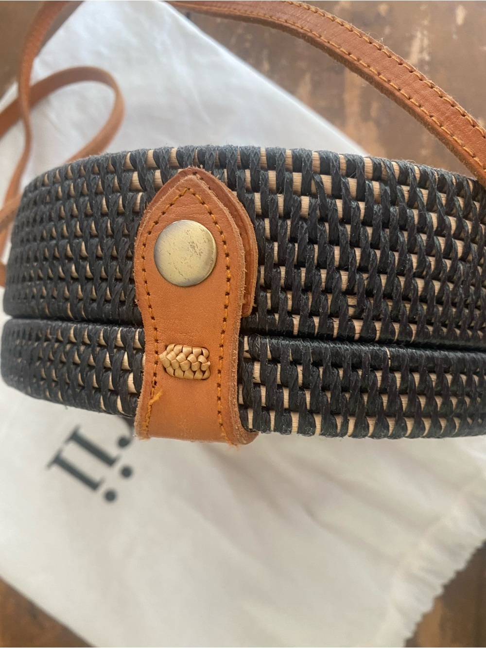 Round Canteen Navy and Natural Woven Crossbody Bag with Tan Leather Strap - Picture 5 of 8